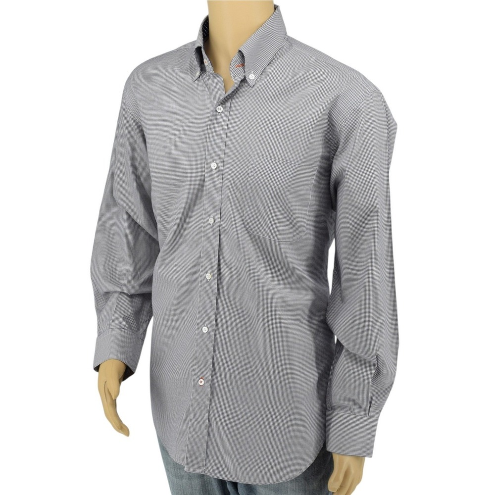 J. McLaughlin Men's L Egyptian Cotton Button Down Shirt Blue Brown Micro Check - Picture 3 of 13
